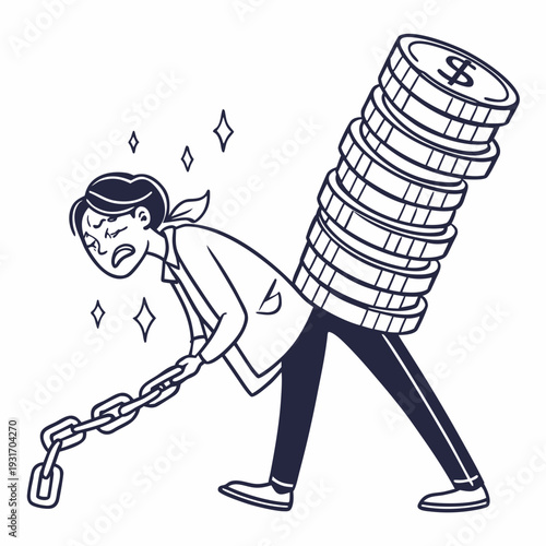 Man struggling under heavy stack of coins chained to leg