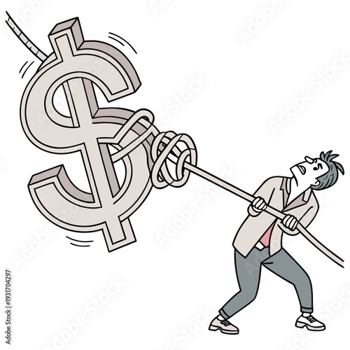 Man struggling to pull large dollar sign with rope