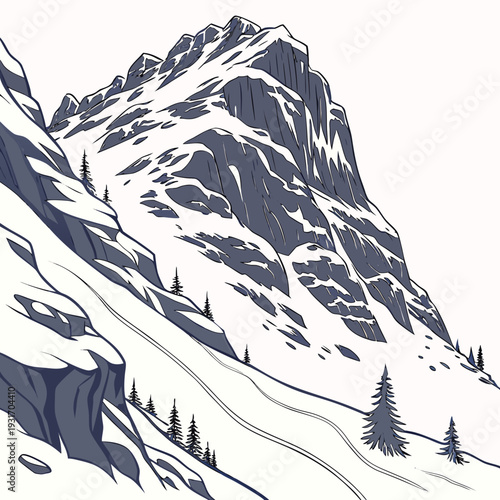 Frozen mountain cliff with snow and trees