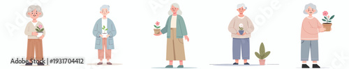 vector of a grandma holding a flower in a small pot