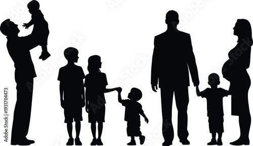 Large Happy Family Silhouette with Pregnant Mother Father and Children of Different Ages Standing Together on White Background for Parenting and Genealogy Concepts