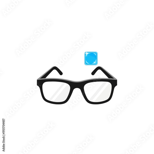 Black glasses with clear lenses and a blue icon above.