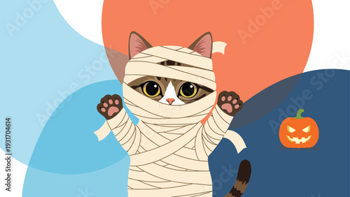 Adorable brown tabby cat dressed as a mummy with bandages for halloween sitting next to a carved jack-o-lantern.