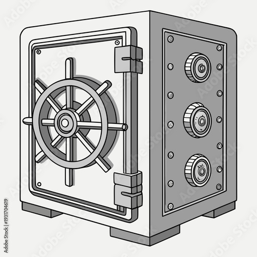 Gray metal safe with combination dials and wheel handle