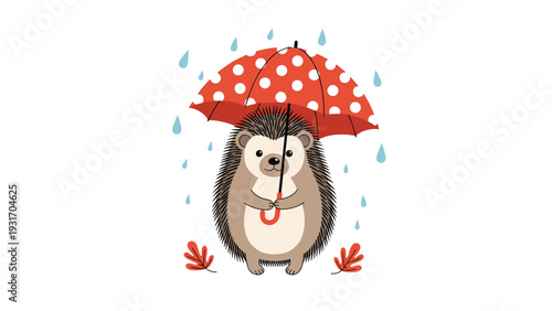 Small hedgehog holding a red polka dot umbrella to shelter from the blue rain drops with autumn leaves nearby.