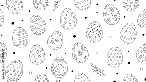 Elegant black and white line art seamless pattern of various decorated easter eggs with floral and geometric patterns.