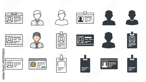 Collection of identification icons representing people and credentials in various styles