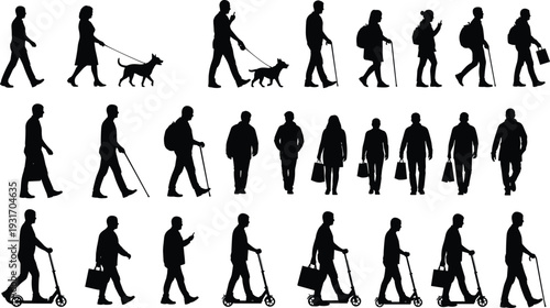 Silhouettes of people walking, using electric scooters, walking dogs, carrying bags, and using canes for daily urban life and city commuting