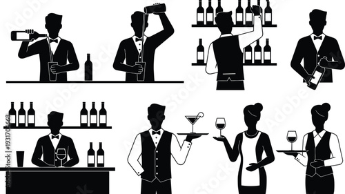 Professional Bartender and Waiter Silhouette Set Featuring Male and Female Staff Serving Drinks, Pouring Wine, Mixing Cocktails, and Carrying Trays for Hospitality Industry Design