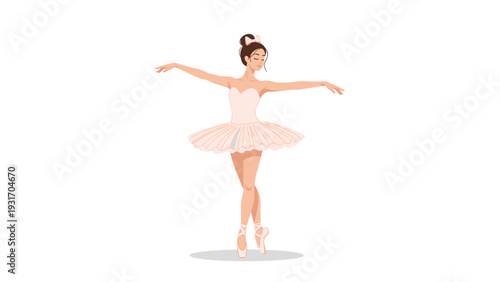 Graceful ballerina wearing a light pink tutu and ballet shoes performing a classical dance pose on a white background.