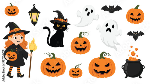 Fun halloween illustration set featuring a little witch, black cat, carved pumpkins, ghosts, bats, and a bubbling cauldron.