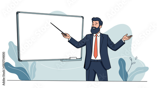 Professional businessman or teacher with a beard standing in front of a whiteboard and pointing at it while giving a presentation.