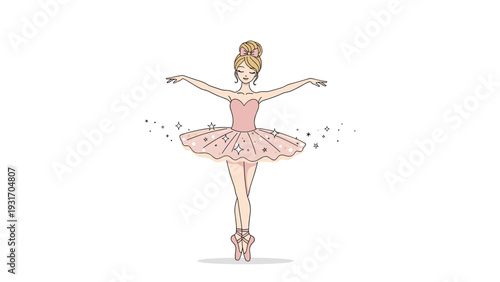 Elegant ballerina dancer performing in a pink tutu and ballet shoes with magical sparkles and stars surrounding her graceful pose.