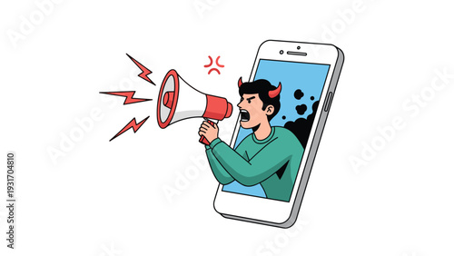 Illustration of an angry devil man coming out of a smartphone with a megaphone to represent cyberbullying or online harassment.
