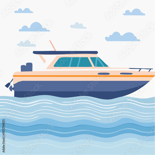 Vibrant graphic illustration of a sleek motorboat cruising on the open sea under a sunny sky with soft white clouds, symbolizing leisure and aquatic travel
