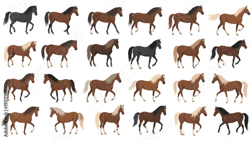 Set of horse illustrations showing different colors and gaits such as walking trotting and galloping for equestrian themed projects.
