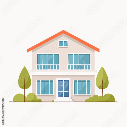 Charming suburban family home illustration with a bright orange roof and welcoming blue door