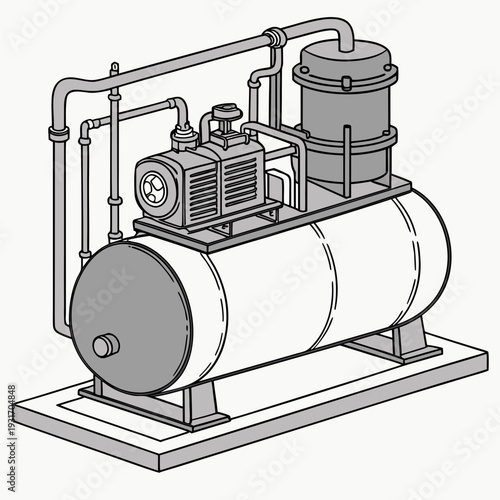 Industrial gas compressor with cylindrical tank and pipeline connections