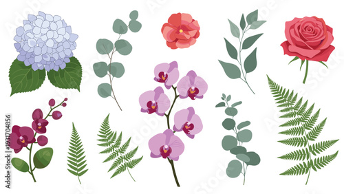 Assorted collection of various flowers and leaves including a hydrangea orchid rose pansy and green fern fronds for botanical art.