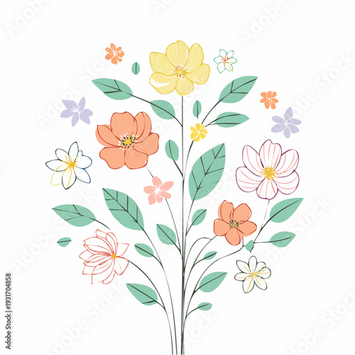 Delicate floral illustration with blooming flowers and green leaves, springtime beauty