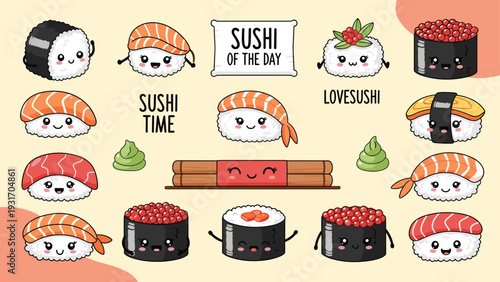Variety of cute sushi characters with happy faces including nigiri rolls maki and wasabi with text sushi time and lovesushi.
