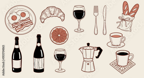 A charming illustration of breakfast wine and coffee items on a neutral background