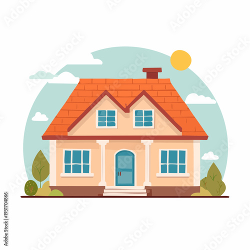 Charming Suburban House with Orange Roof and Sunny Sky Illustration