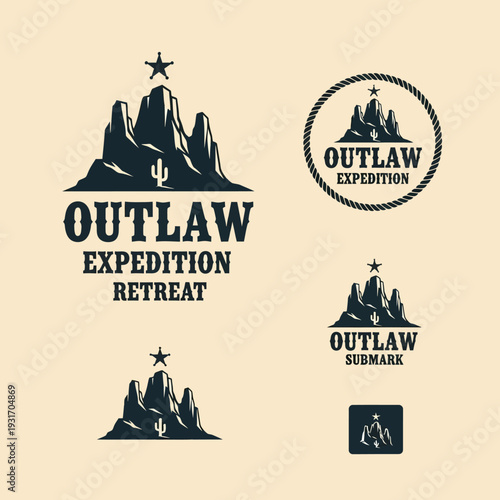 Collection of Outlaw Expedition Retreat logos featuring rugged mountains, a cactus, and a star, evoking a Western adventure theme.