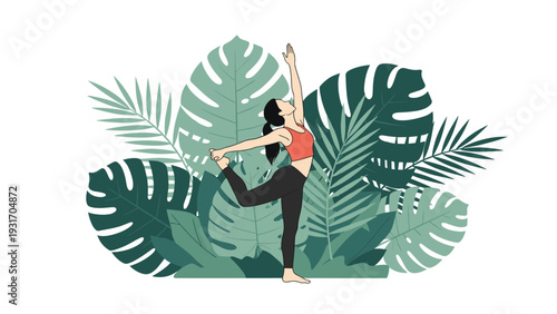 Woman in a red top and black leggings practicing a yoga pose against a lush background of large green tropical monstera leaves.