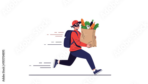 Fast delivery person running with a large paper bag full of fresh vegetables and bread for a quick food delivery service concept.