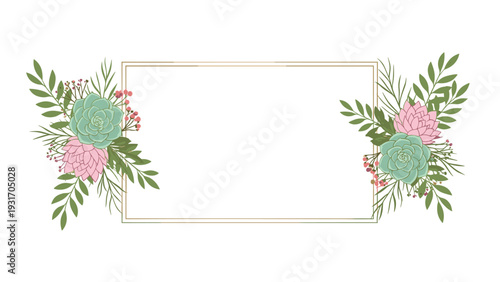 Elegant rectangular gold frame featuring arrangements of green succulents and pink flowers on both sides isolated on a clean white background for design.