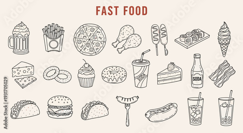 A collection of hand drawn fast food items including burgers pizza and desserts