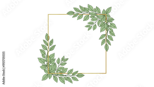 Minimalist square gold frame adorned with hand-drawn green leaf branches in opposite corners isolated on a white background for multipurpose use.