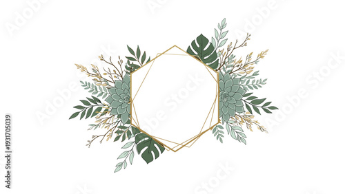 Intricate geometric gold frame surrounded by green succulents and various tropical leaves isolated on a white background for stylish graphic design projects.