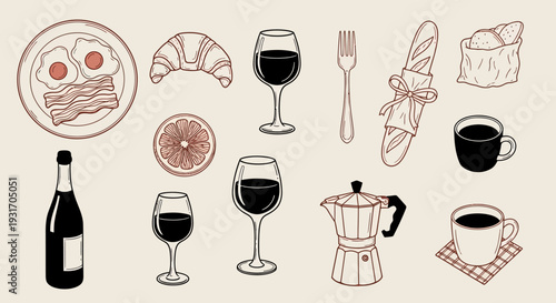 Breakfast wine and coffee elements arranged in a hand drawn minimalist style