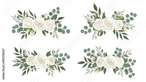 Collection of four elegant white rose bouquets with diverse eucalyptus leaves and foliage isolated on a white background for wedding and event decor.
