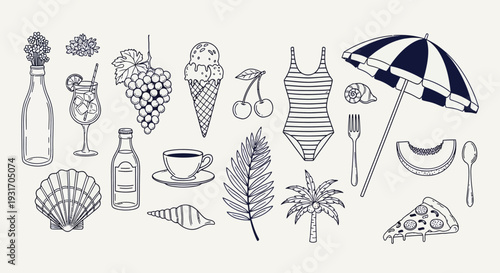 Summer themed doodles including beach items food and tropical plants
