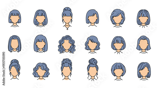 Set of eighteen different female hairstyles and haircuts in various lengths and styles presented in a simple blue-toned icon grid isolated on white.