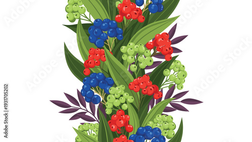 Vibrant vertical floral border features clusters of red, blue, and green berries with lush green foliage on a clean white backdrop.
