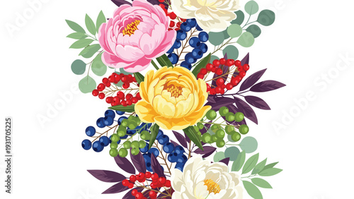 Elegant vertical floral arrangement showcases vibrant pink, yellow, and white peonies combined with clusters of berries and green leaves.