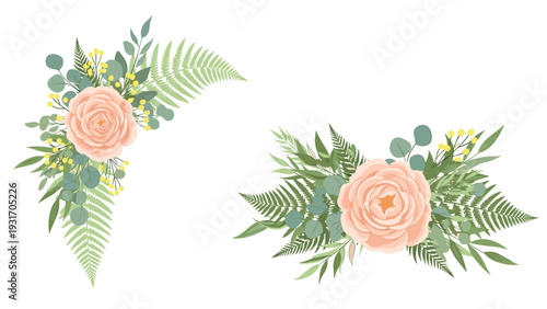 Set of two charming floral arrangements includes peach-colored roses paired with green ferns and eucalyptus leaves for a natural look.