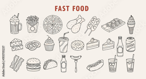 A collection of hand drawn fast food items including burgers pizza and desserts