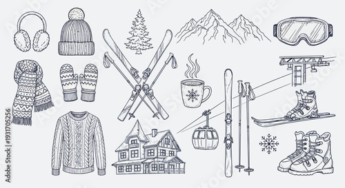 Winter sports equipment and cozy clothing sketched in a detailed monochrome style