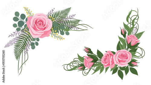 Collection of two floral designs features pink roses and lush foliage, including one corner arrangement and one semi-circular wreath for art.