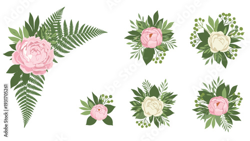 Variety of six elegant floral arrangements showcases pink and white peonies with green ferns and leaves for wedding invitations and decor.