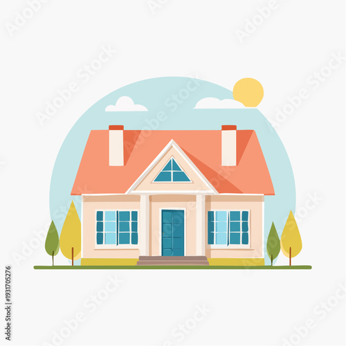 Charming Suburban House Illustration with Green Trees and Bright Sunny Sky, Ideal for Real Estate and Home Design Concepts