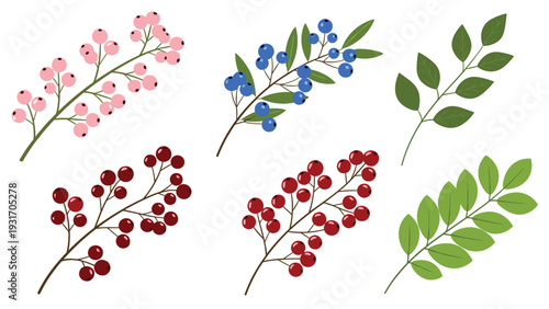 Collection of six assorted berry branches in red, blue, and pink shades with green leaves provides a variety of elements for natural designs.