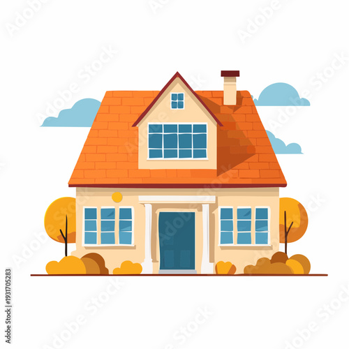 Charming two-story house with orange roof and autumn trees