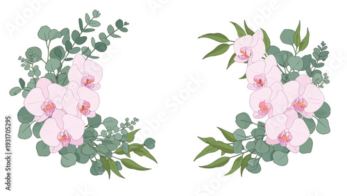 Pair of graceful semi-circular floral wreaths features delicate pink orchids and eucalyptus branches for a stylish and modern botanical design.