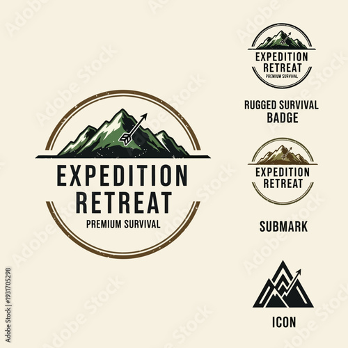 Collection of mountain expedition retreat logos and badges with rugged survival theme.